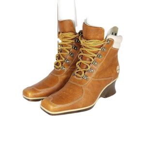 Timberland Women's US 7M Brown Leather Square Toe Lace-Up Wedge Ankle Booties